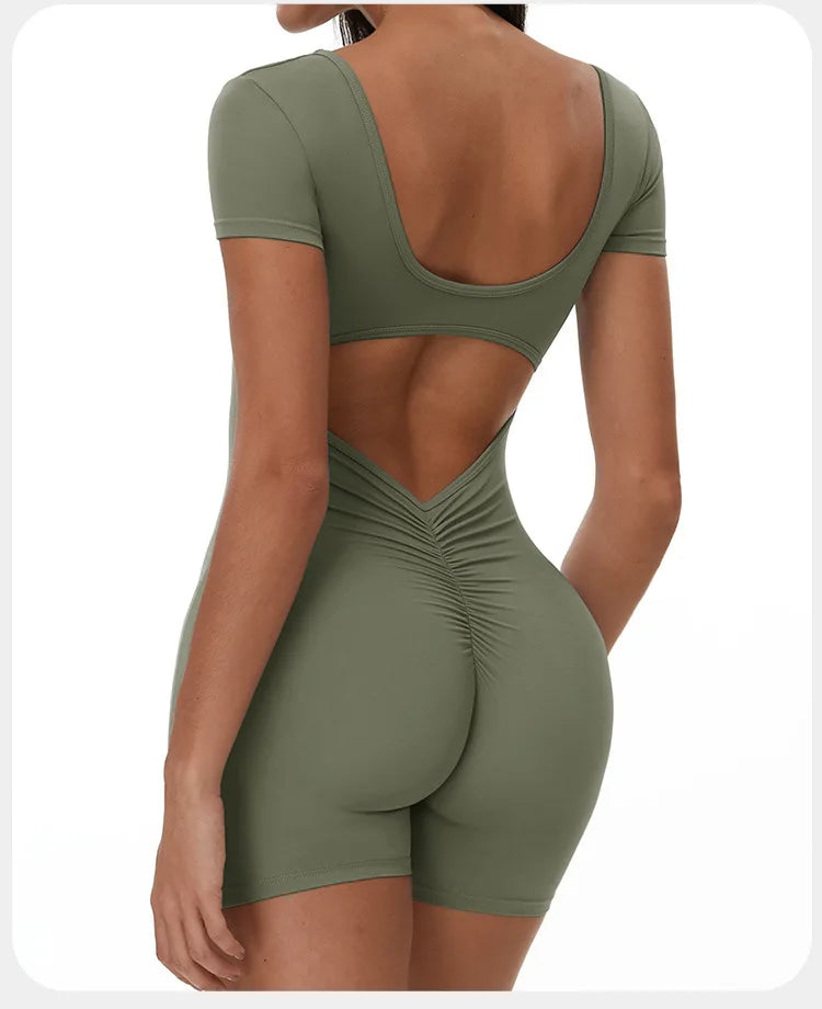 Fitness Jumpsuit Women Tracksuit Sports Short Sleeves Playsuit Running One Piece Yoga Suit Scrunch Shorts Backless Set Rompers