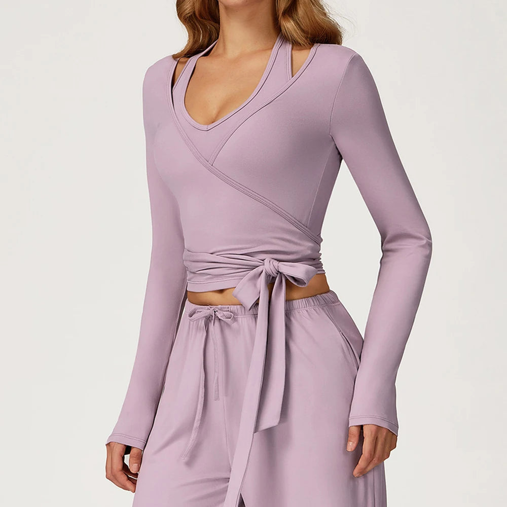 Women Yoga Crossover Strap Long Sleeve Cover-up T-shirts Pilates Running Outdoor Sports Loose Tops Breathable Soft Gym Fitness