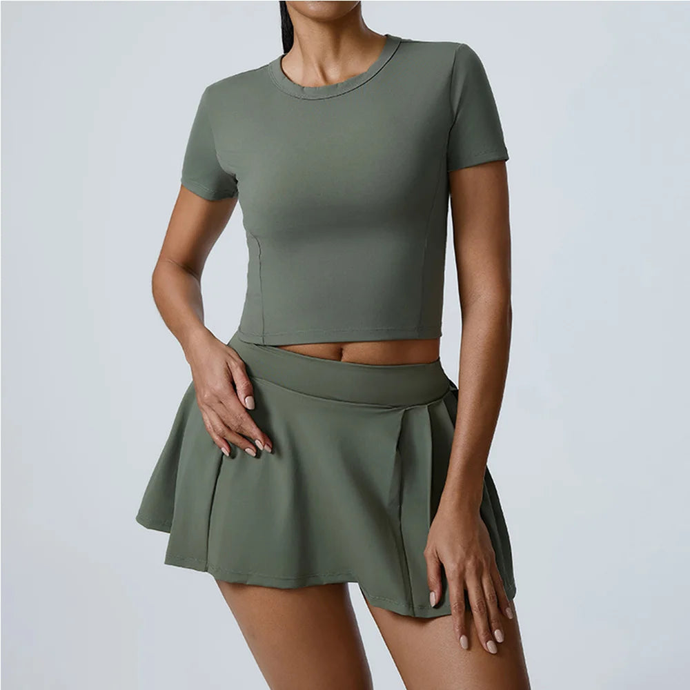 Yoga Set Workout Sets for Women Sportswear 2PCS Gym Suits Crop Short Sleeves High Waist Shorts Outfits Fitness Running Tracksuit