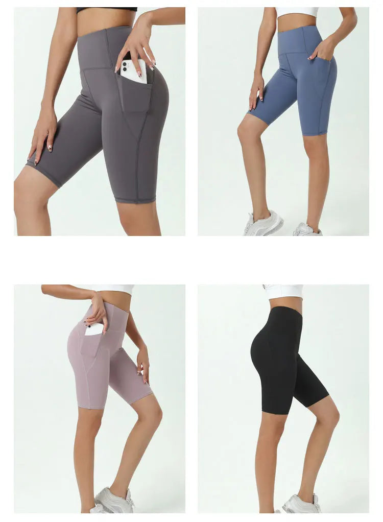 Comfortable Skin Friendly Summer High Waist Yoga Shorts Gym Hip Lift Pants Pocket Breathable Running Cycling Sports Shorts Women