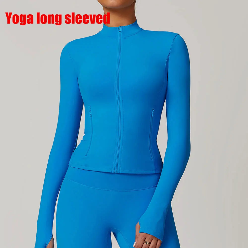 Women Outdoor Running Fitness Wear T-shirt Long Sleeved Thumb Holes Top Zipper Yoga Long Sleeved Yoga Shirt Gym Push Up Workout