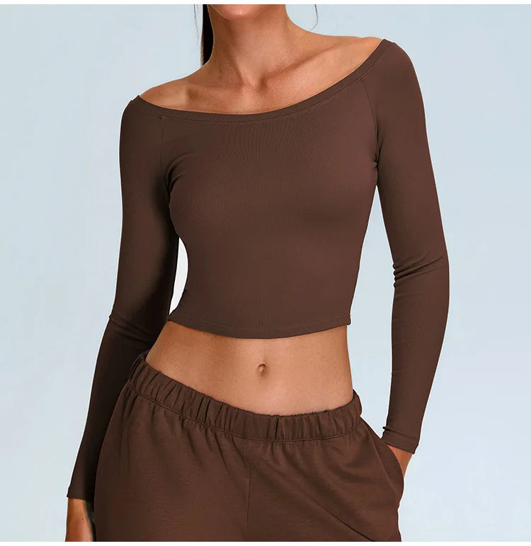 Off Shoulder Long Sleeve Yoga T-shirts Women Solid Sports Top Gym Workout Running Shirts Sexy Quick Dry Fitness Gym Sport Wear