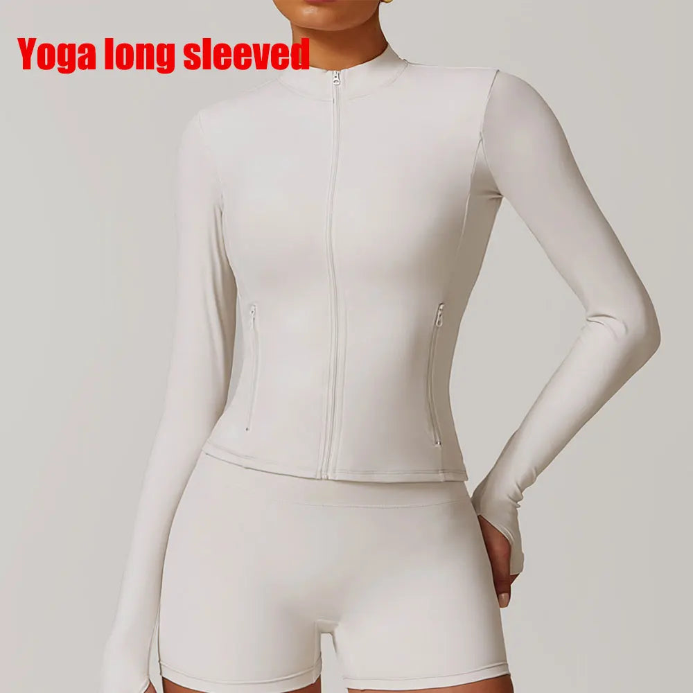 Women Outdoor Running Fitness Wear T-shirt Long Sleeved Thumb Holes Top Zipper Yoga Long Sleeved Yoga Shirt Gym Push Up Workout
