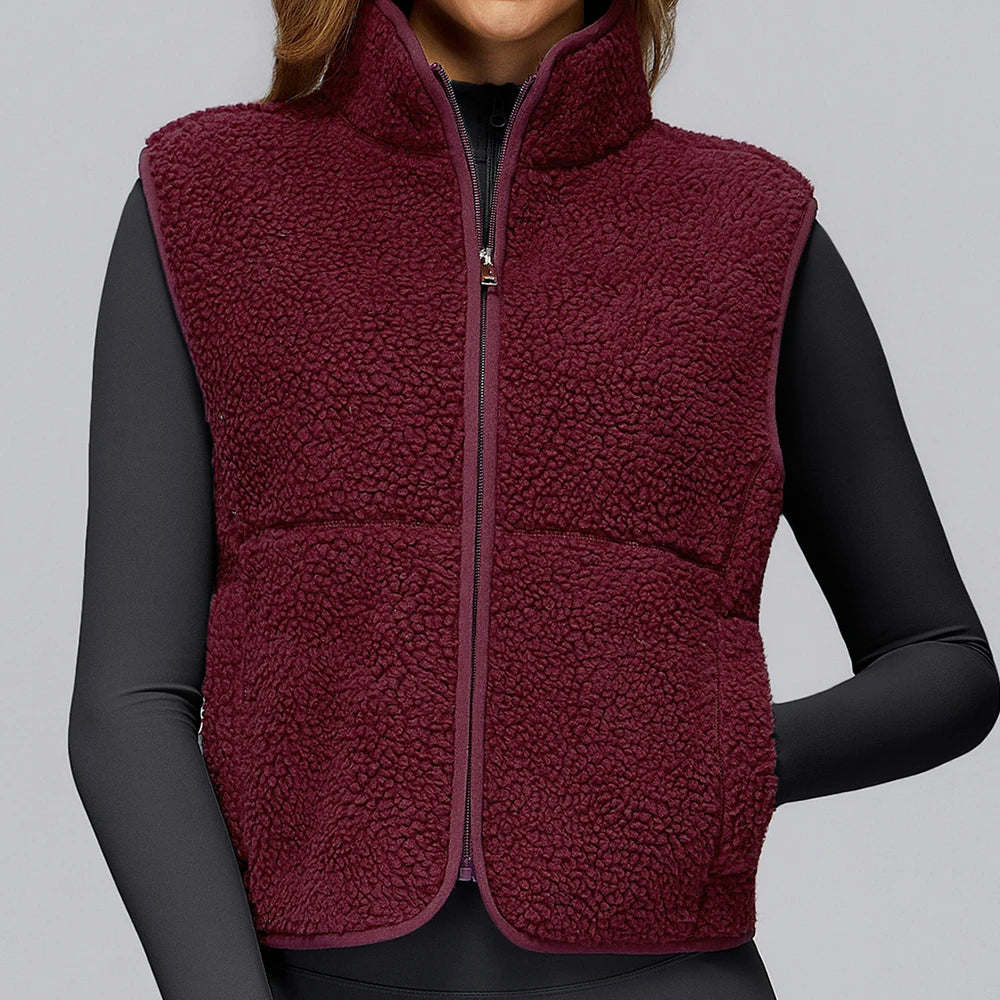 Winter Women's Standing Collar and Velvet Sports Vest Sleeveless Zipper Outerwear Vest Outdoor Running and Fitness Top
