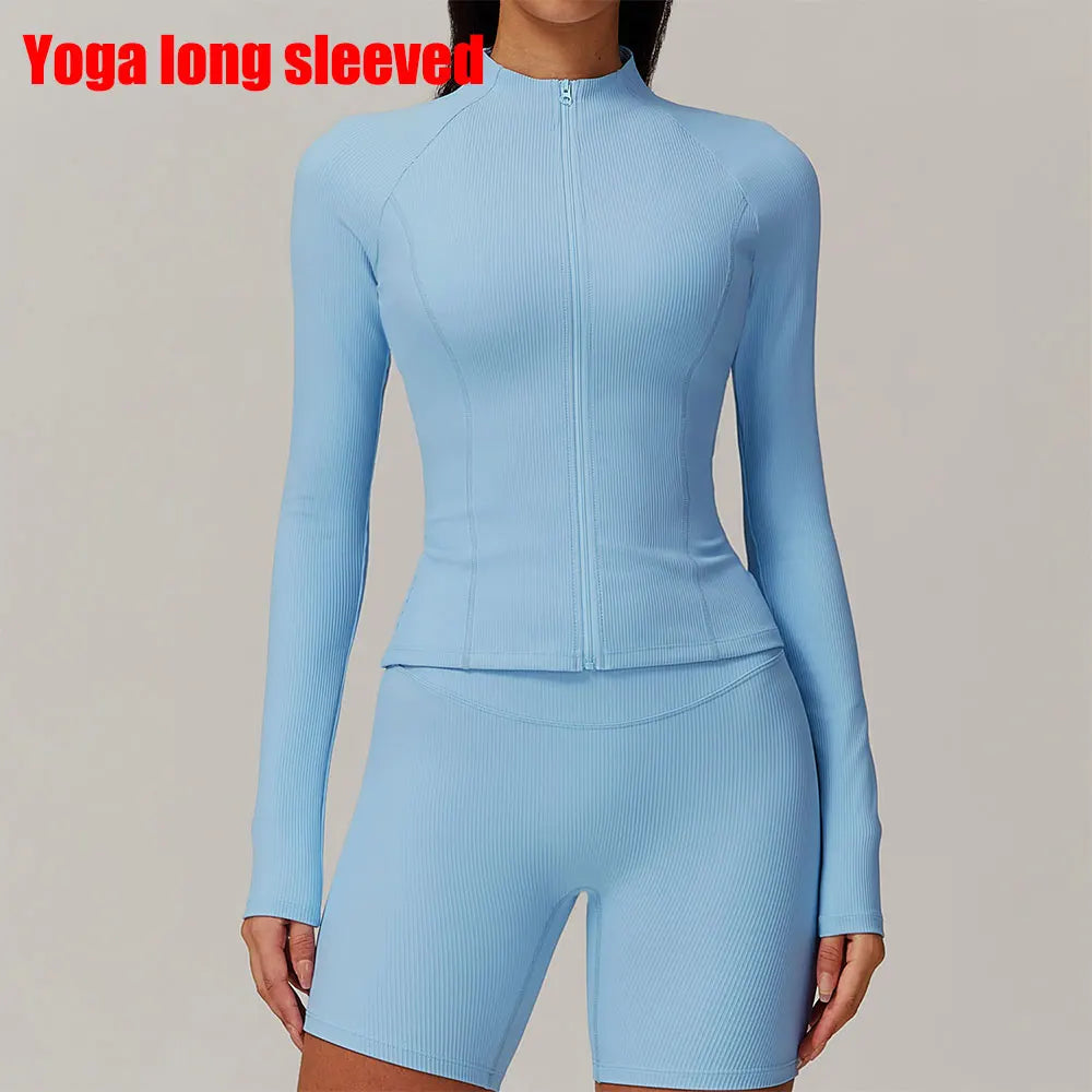 Ribbed Sports Long Sleeved Women Slim Yoga Clothes Quick Dry Zipper Cardigan Stand Up Collar Jacket Running Fitness Jacket Top