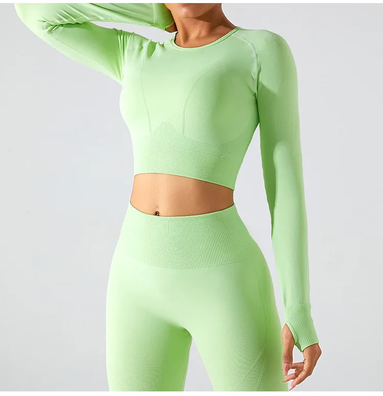 Women's Seamless Long Sleeve Top Yoga Shirts Running T-Shirt Workout Running Fitness Gym Sports Top Training Crop Top Solidcolor