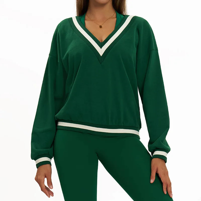 New Winter Women's Long Sleeved V-neck Sports Hoodie Women's Loose and Casual Long Sleeved Top Fashionable and Versatile Jacket