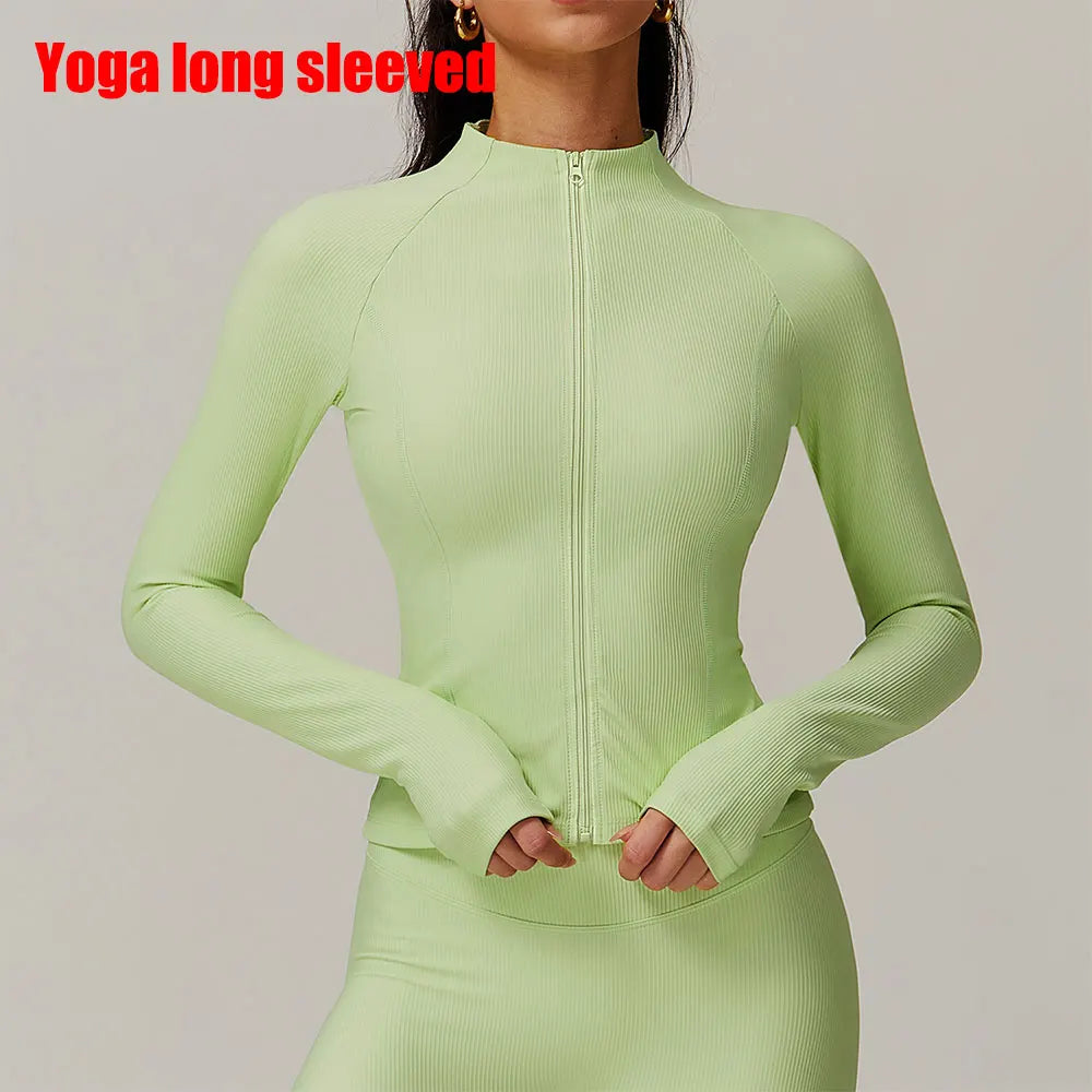 Ribbed Sports Long Sleeved Women Slim Yoga Clothes Quick Dry Zipper Cardigan Stand Up Collar Jacket Running Fitness Jacket Top