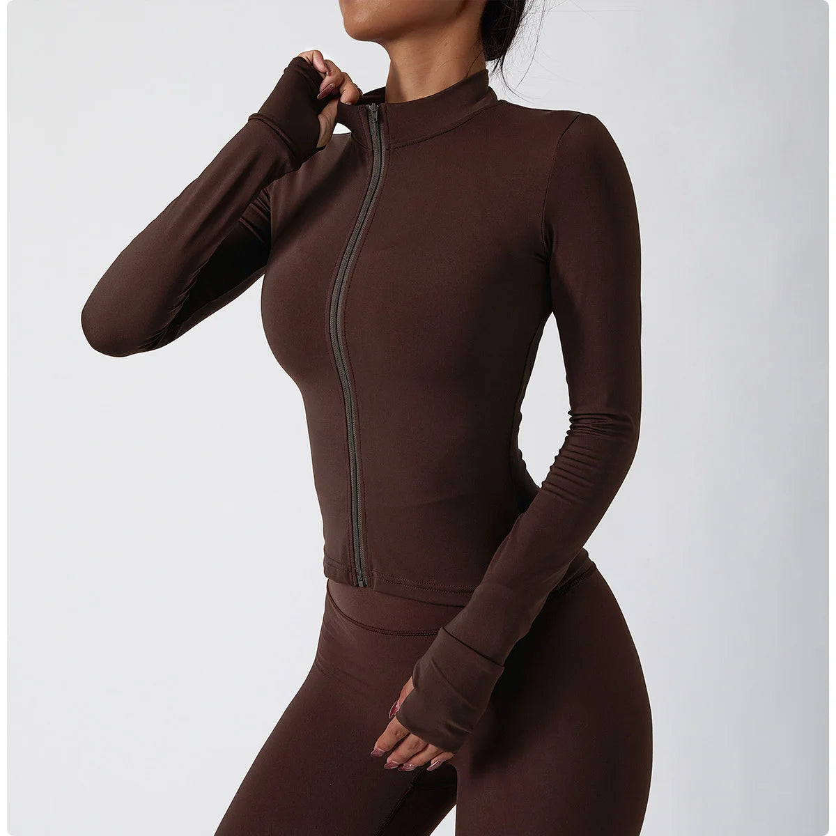 Women Zipper Jacket Yoga T-shirts Solid Sports Top Long Sleeve Crop Tops Running Shirts Sexy Quick Dry Fitness Gym Sport Wear