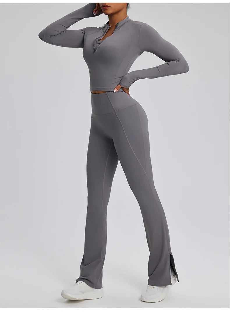2PCS Yoga Suit Gym Set Women Clothes Running Tracksuit Workout Long Sleeve High Waist Bell-bottoms Sports Shirt Yoga Clothing