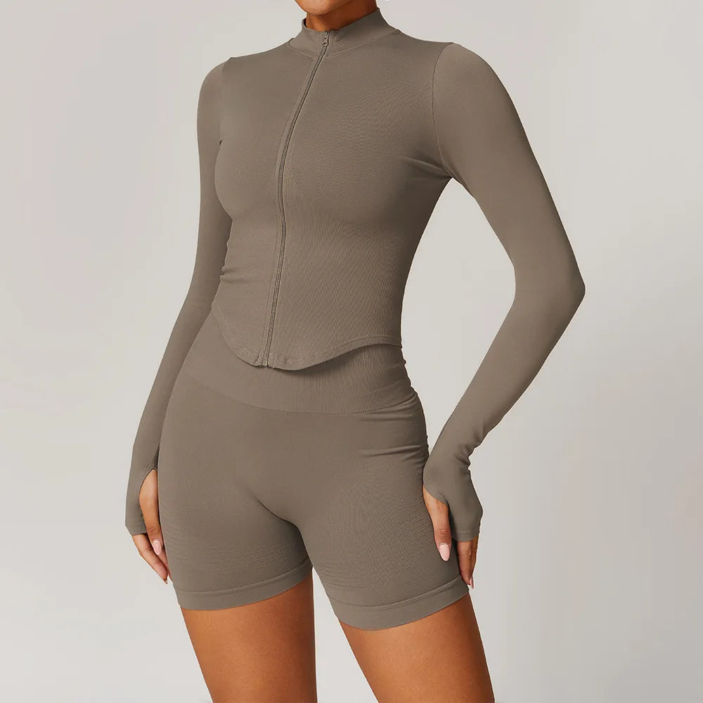 2PCS Seamless Women Tracksuit Yoga Set Workout Outfit Sportswear Gym Clothing Fitness Long Sleeve High Waist Legging Sports Suit