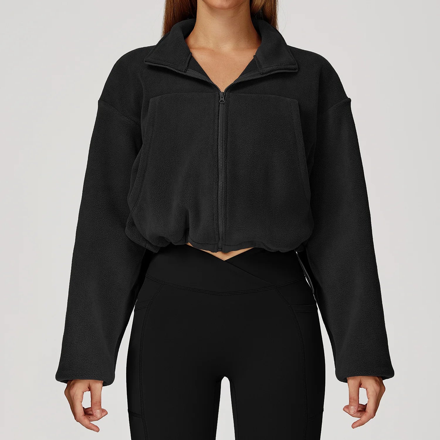 Winter Yoga Jacket Women Long Sleeved Stand Up Collar Windproof Warm Fleece Drawstring Jacket Running With Fleece Sports Jacket
