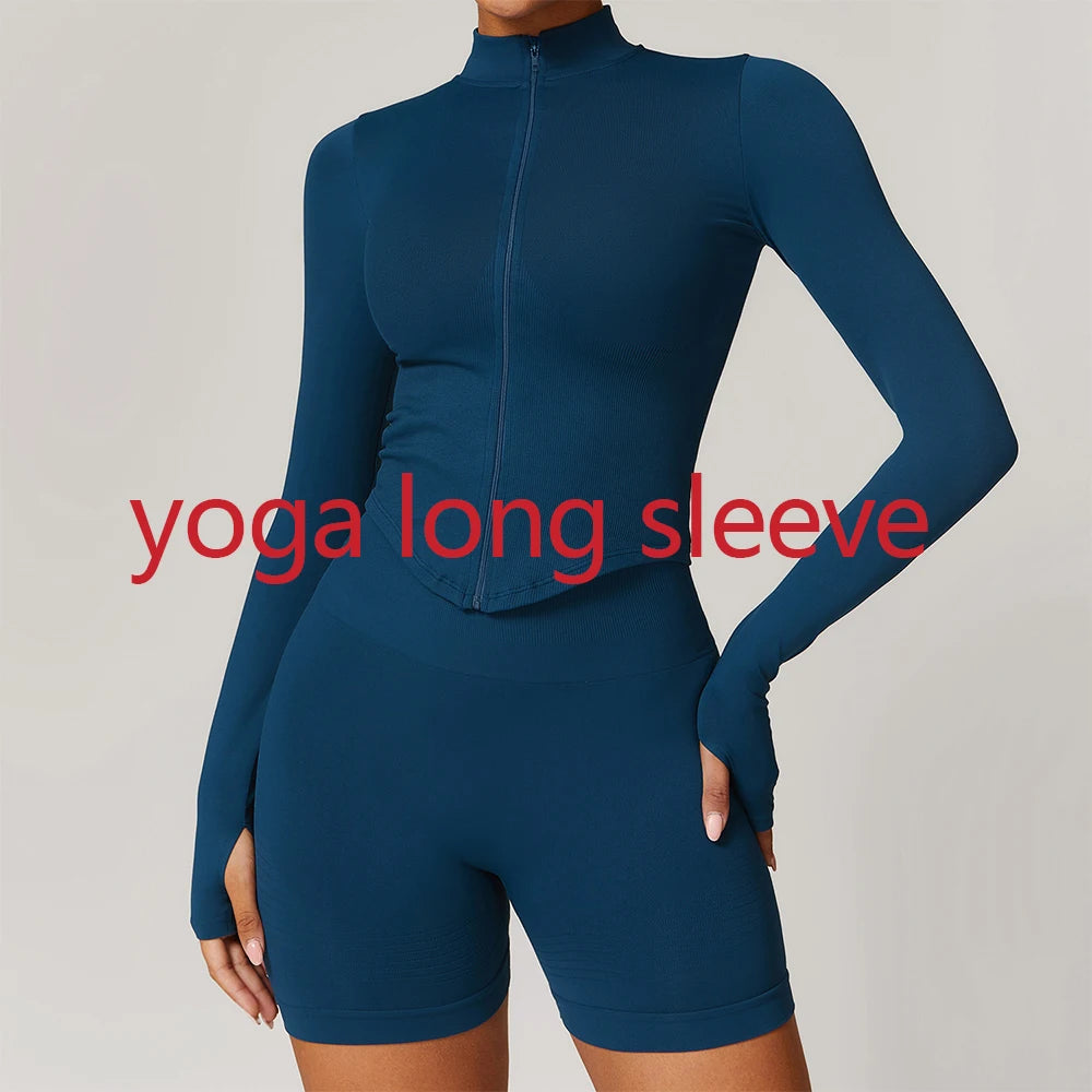 Seamless Outdoor Sports Long Sleeved Women Yoga Coat Quick Dry Zipper Cardigan Stand Up Collar Jacket Running Fitness Jacket Top
