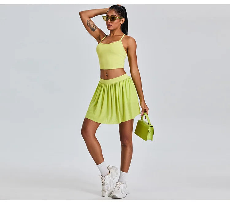 2 Piece Sportswear Leisure Sports Short Skirt Yoga Set Women's Belt Lined Mesh Pleated Tennis Skirt Running Push Up Fitness Suit