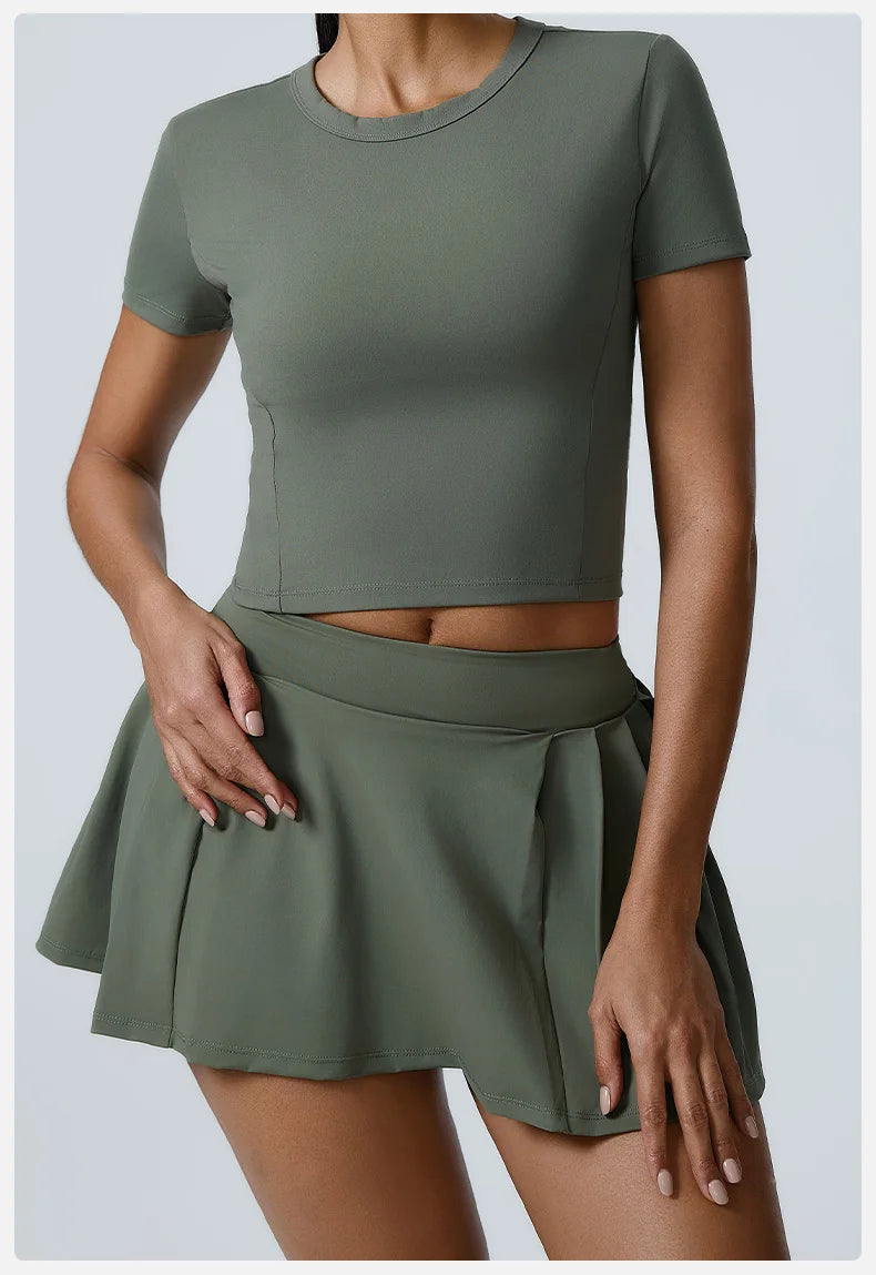 Yoga Set Workout Sets for Women Sportswear 2PCS Gym Suits Crop Short Sleeves High Waist Shorts Outfits Fitness Running Tracksuit