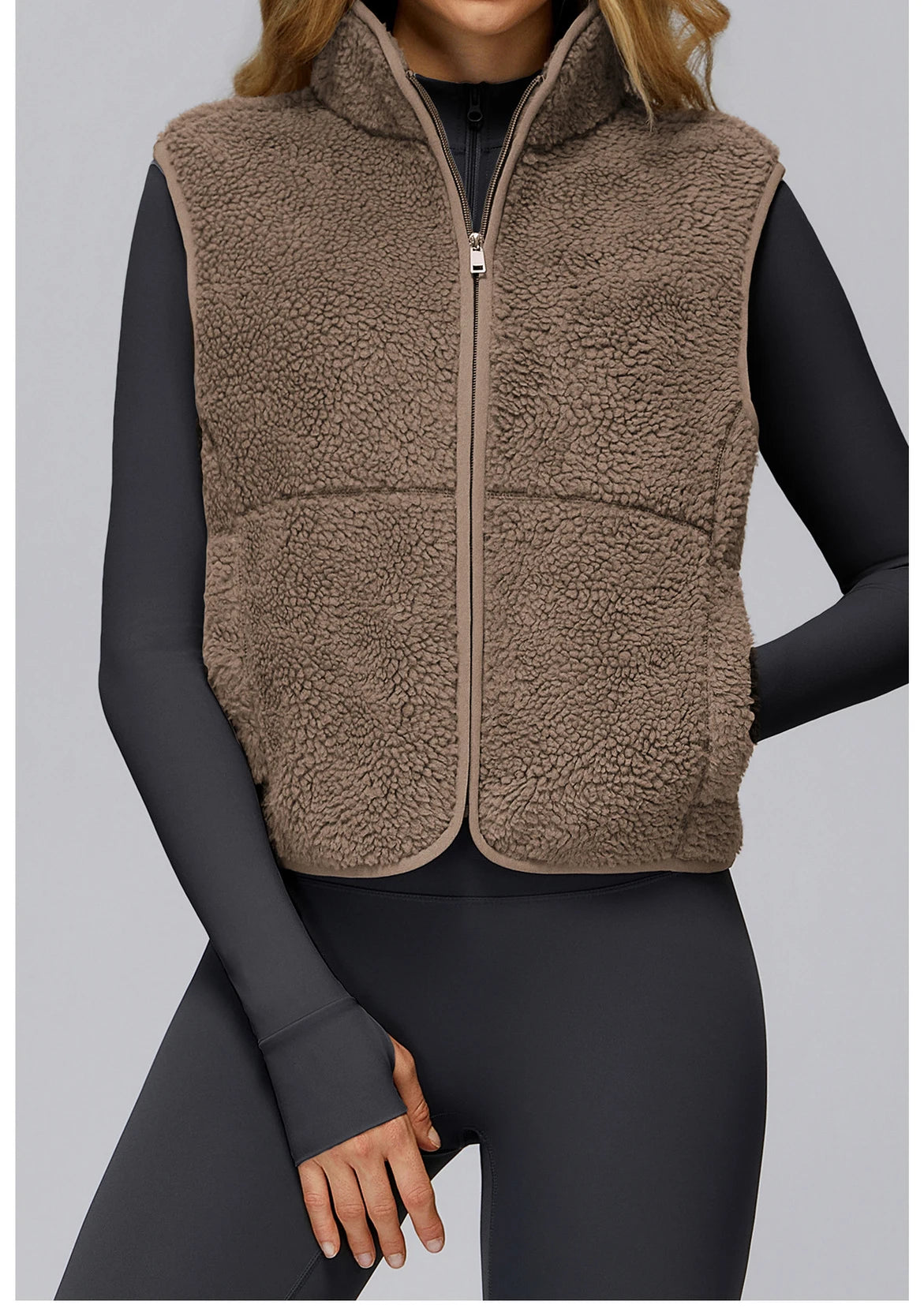 Winter Women's Standing Collar and Velvet Sports Vest Sleeveless Zipper Outerwear Vest Outdoor Running and Fitness Top