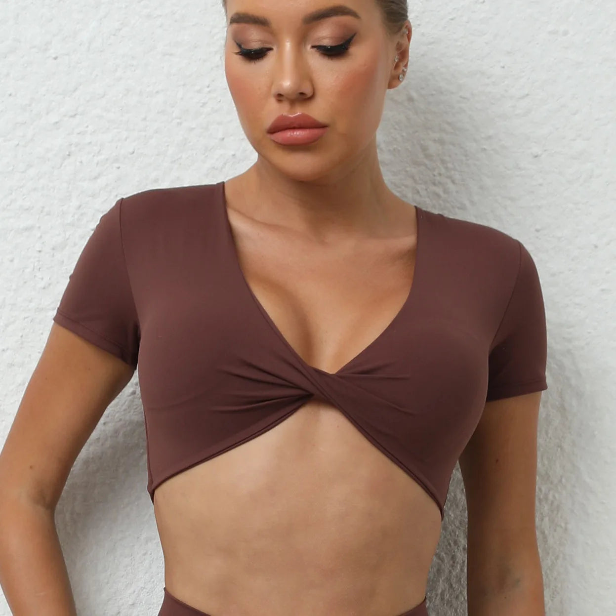 Sexy V Neck Crop Top Women Short Sleeve Yoga Shirt Naked Feeling Fitness Workout Tops Gym Clothes Sportswear Running T-shirts