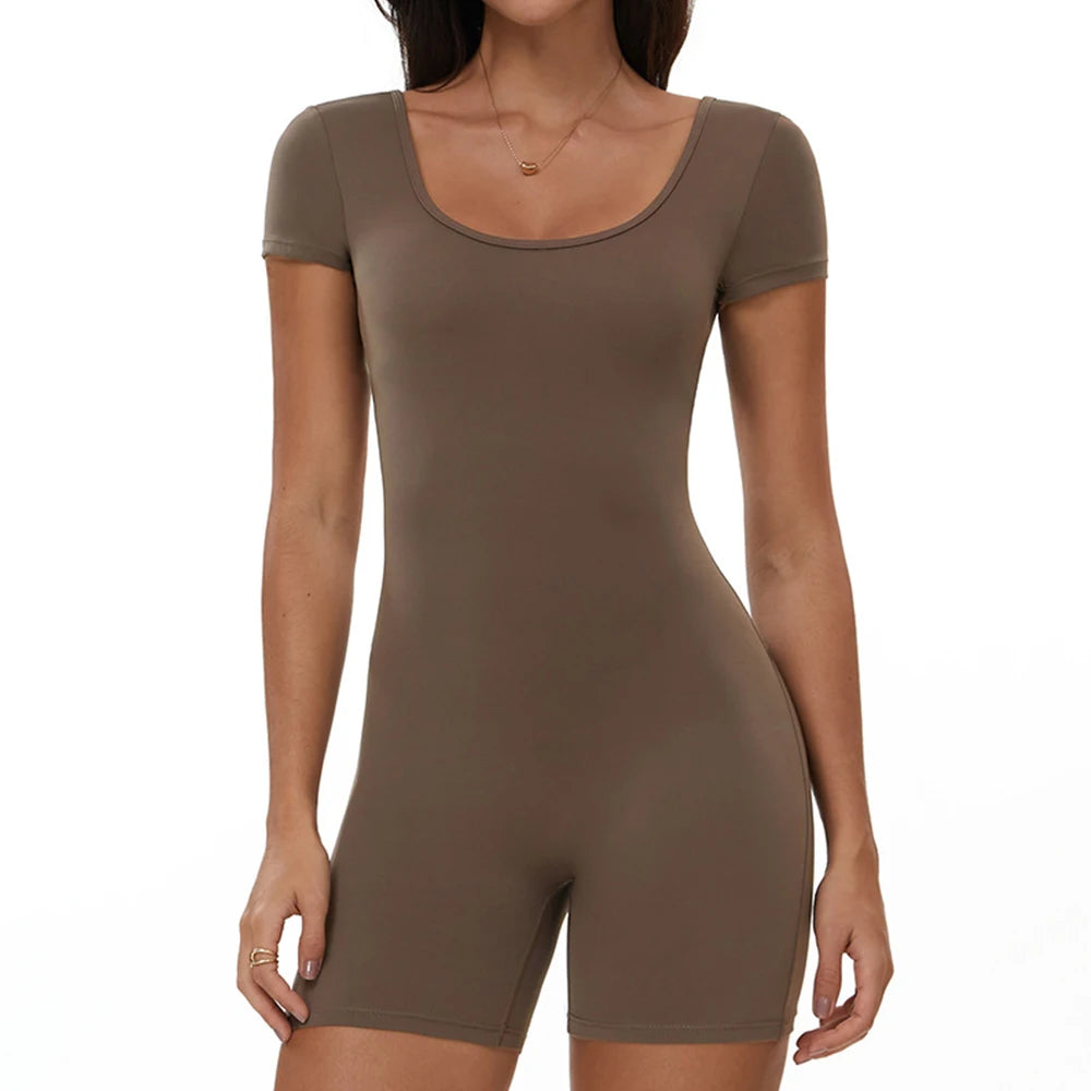 Fitness Jumpsuit Women Tracksuit Sports Short Sleeves Playsuit Running One Piece Yoga Suit Scrunch Shorts Backless Set Rompers