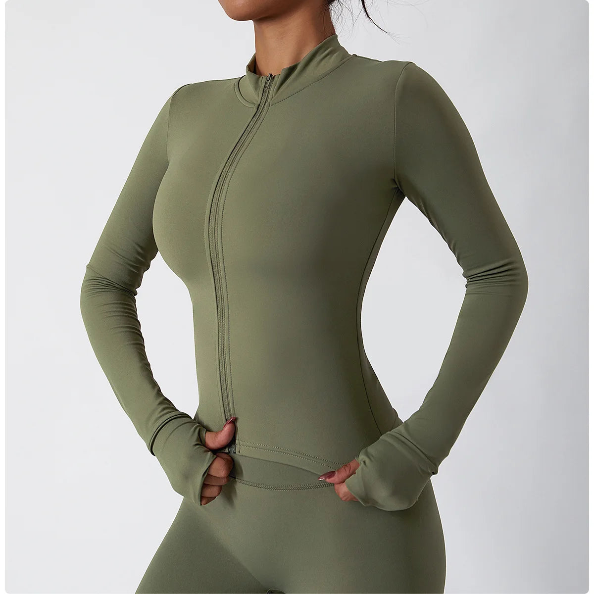Women Zipper Jacket Yoga T-shirts Solid Sports Top Long Sleeve Crop Tops Running Shirts Sexy Quick Dry Fitness Gym Sport Wear
