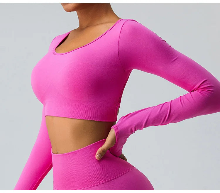 Sexy Women's Backless Shirt Seamless Crop Top Fitness Shirts Long Sleeve Gym Workout Sports Top Woman Front Yoga Tops Activewear