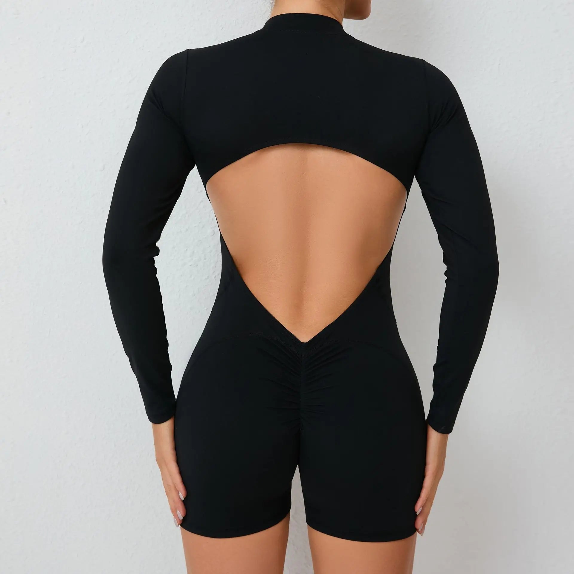 Sexy Back V Jumpsuit Women Tracksuit Yoga Set Sports Zipper Rompers Gym Long Sleeve Fitness Suit Gym Workout Bodysuit