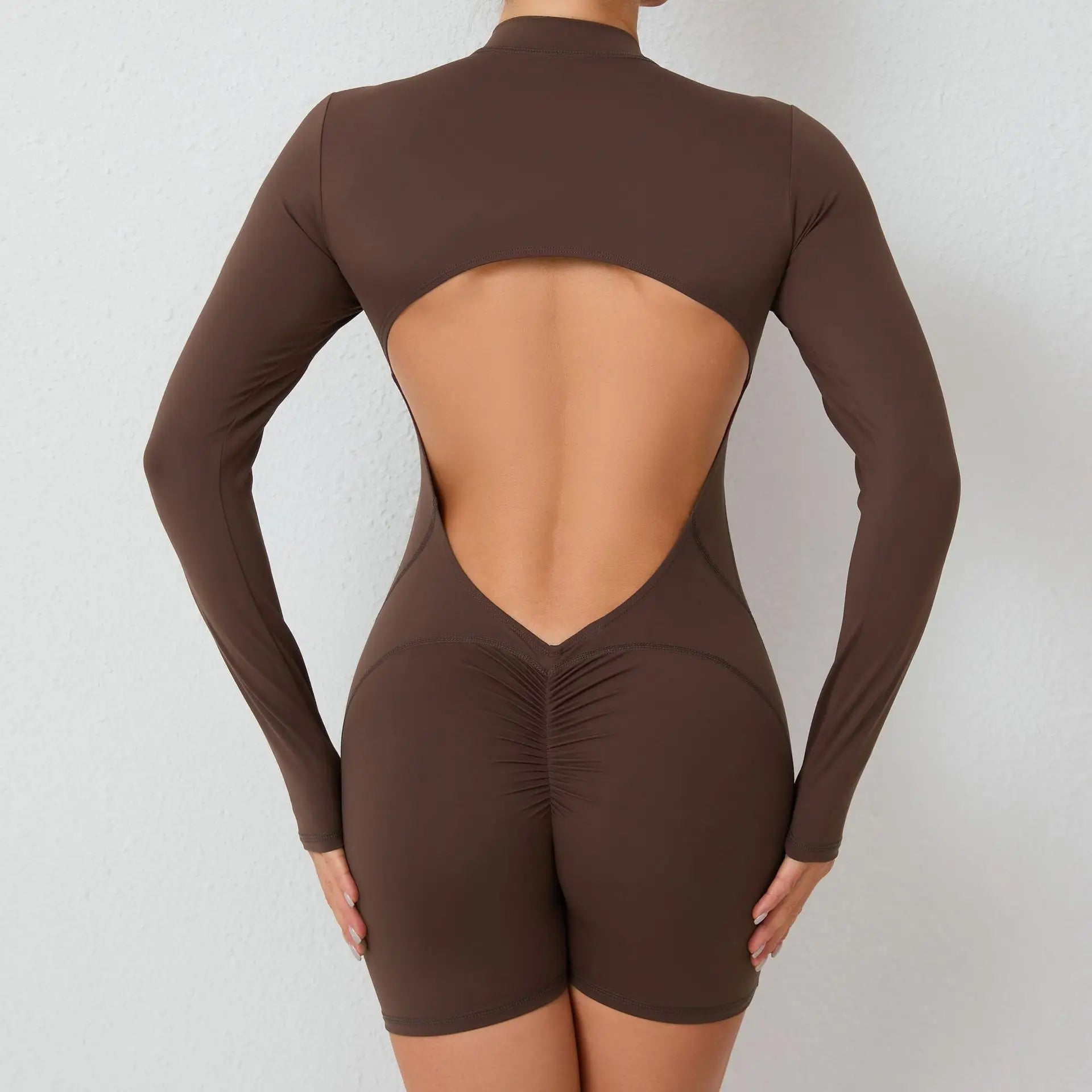 Sexy Back V Jumpsuit Women Tracksuit Yoga Set Sports Zipper Rompers Gym Long Sleeve Fitness Suit Gym Workout Bodysuit