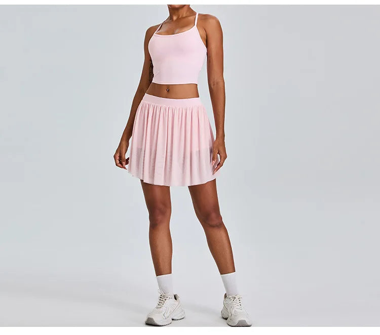 2 Piece Sportswear Leisure Sports Short Skirt Yoga Set Women's Belt Lined Mesh Pleated Tennis Skirt Running Push Up Fitness Suit