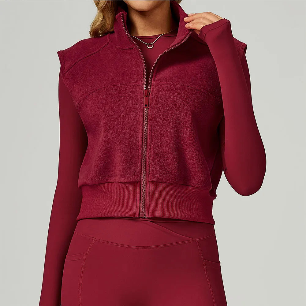 Winter Warm High Neck Velvet Vest Women's Sleeveless Top with Zipper Waist Outdoor Running Top