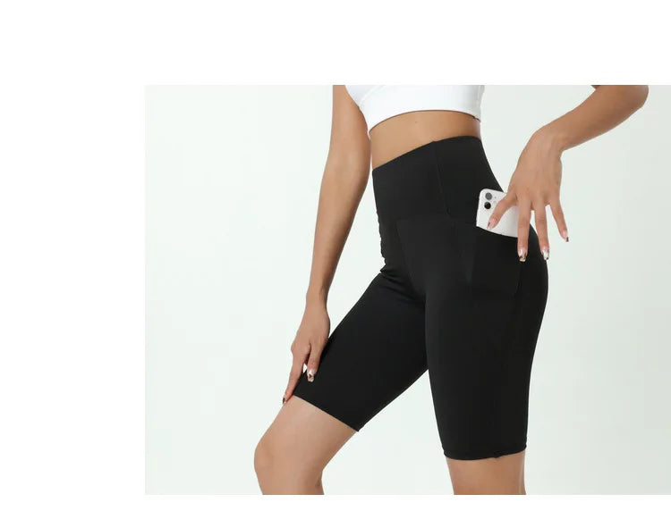 Comfortable Skin Friendly Summer High Waist Yoga Shorts Gym Hip Lift Pants Pocket Breathable Running Cycling Sports Shorts Women