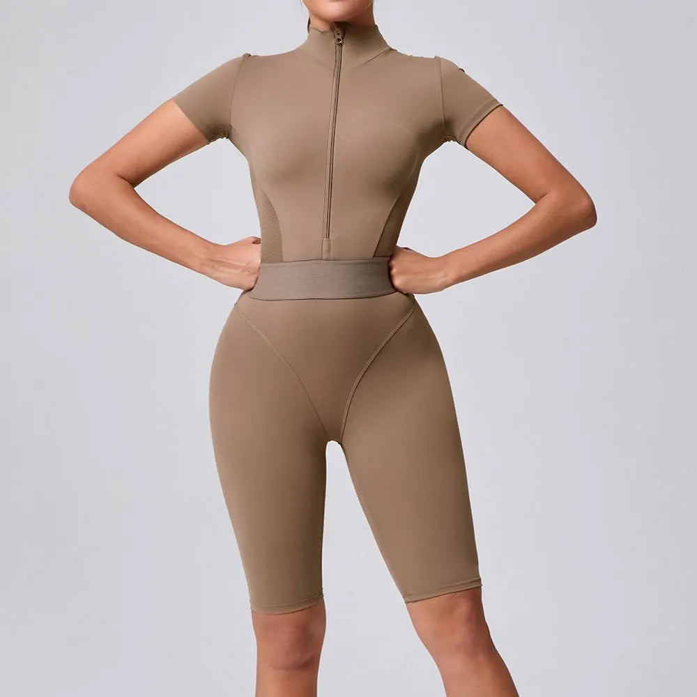 Women's Tracksuit Jumpsuits One-Piece Suit Zipper Short SleevesYoga Set Gym Push Up Workout Clothes Fitness Bodysuit Sportswear
