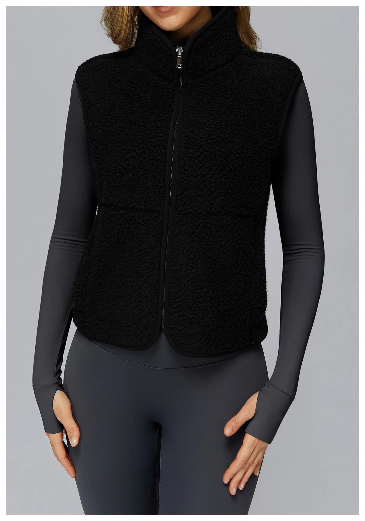 Winter Women's Standing Collar and Velvet Sports Vest Sleeveless Zipper Outerwear Vest Outdoor Running and Fitness Top
