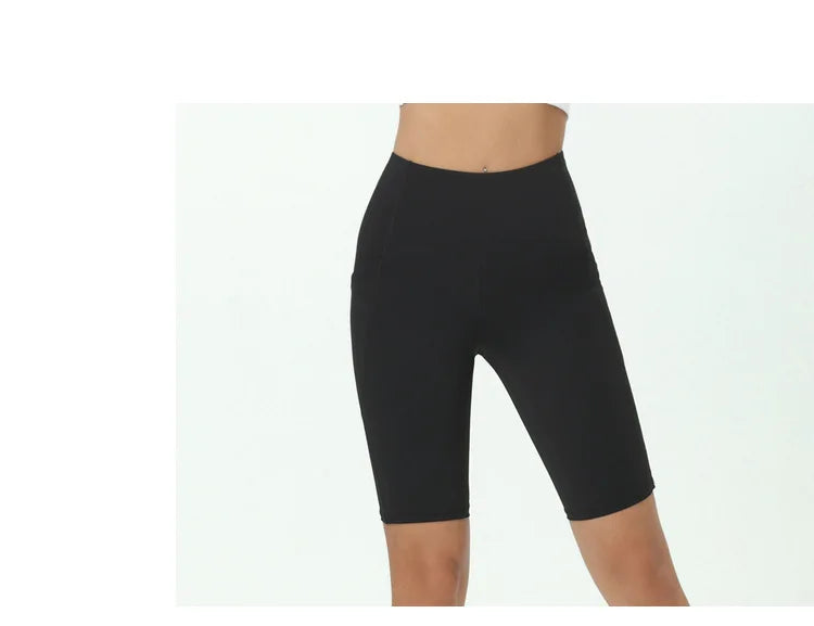 Comfortable Skin Friendly Summer High Waist Yoga Shorts Gym Hip Lift Pants Pocket Breathable Running Cycling Sports Shorts Women