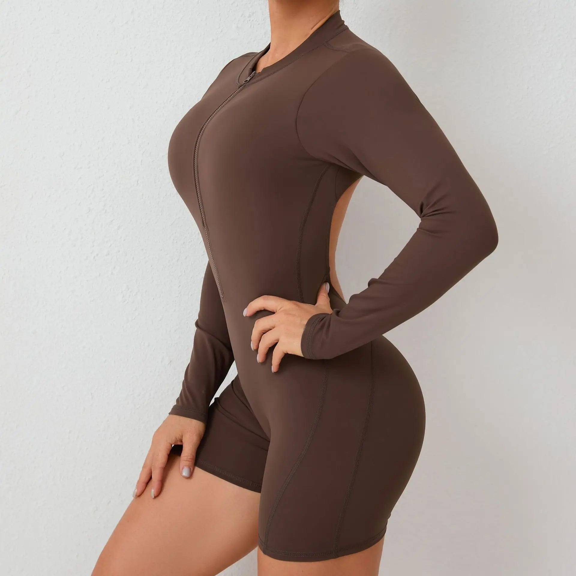 Sexy Back V Jumpsuit Women Tracksuit Yoga Set Sports Zipper Rompers Gym Long Sleeve Fitness Suit Gym Workout Bodysuit