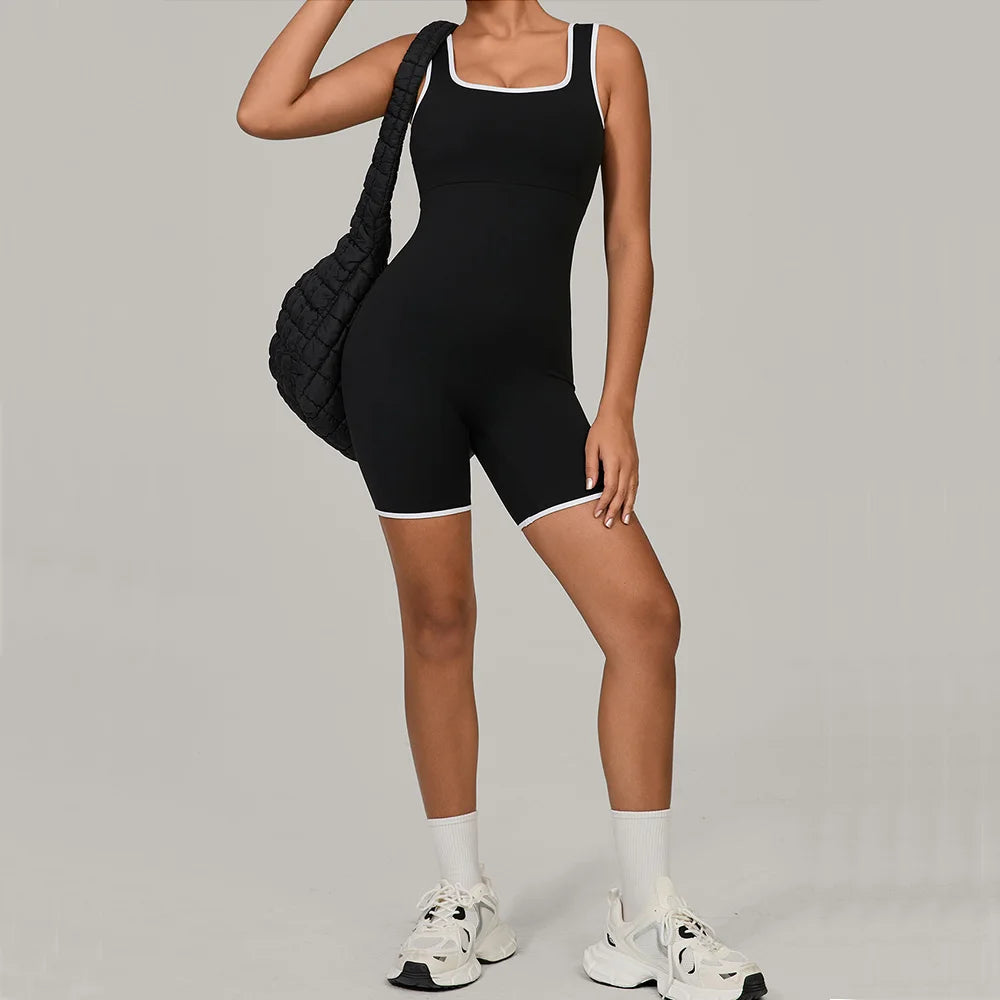 Women Color Blocked Yoga Jumpsuit Sleeveless Romper Elastic Quick Drying Fitness Workout Sportswear One-Piece Short Yoga Clothes