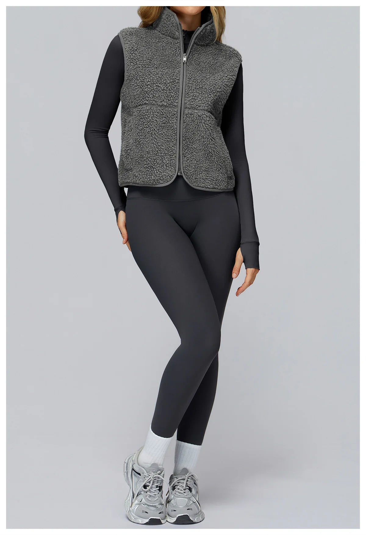 Winter Women's Standing Collar and Velvet Sports Vest Sleeveless Zipper Outerwear Vest Outdoor Running and Fitness Top
