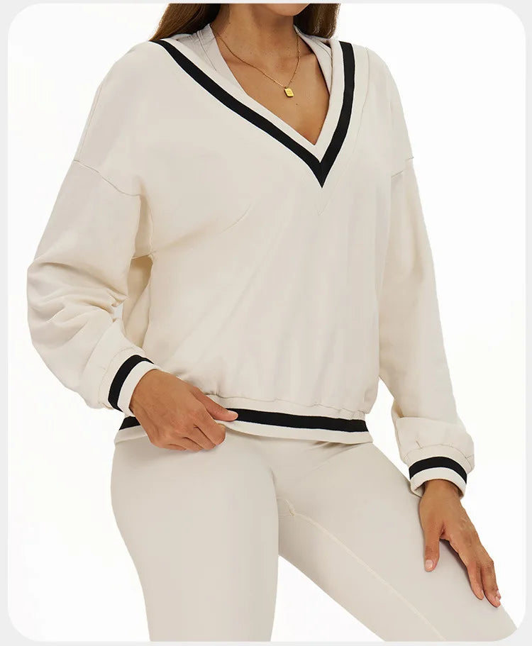 New Winter Women's Long Sleeved V-neck Sports Hoodie Women's Loose and Casual Long Sleeved Top Fashionable and Versatile Jacket