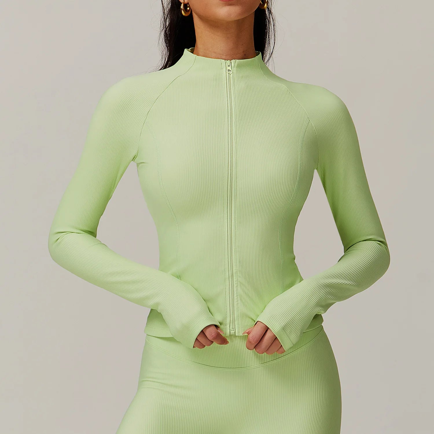 Ribbed Sports Long Sleeved Women Slim Yoga Clothes Quick Dry Zipper Cardigan Stand Up Collar Jacket Running Fitness Jacket Top