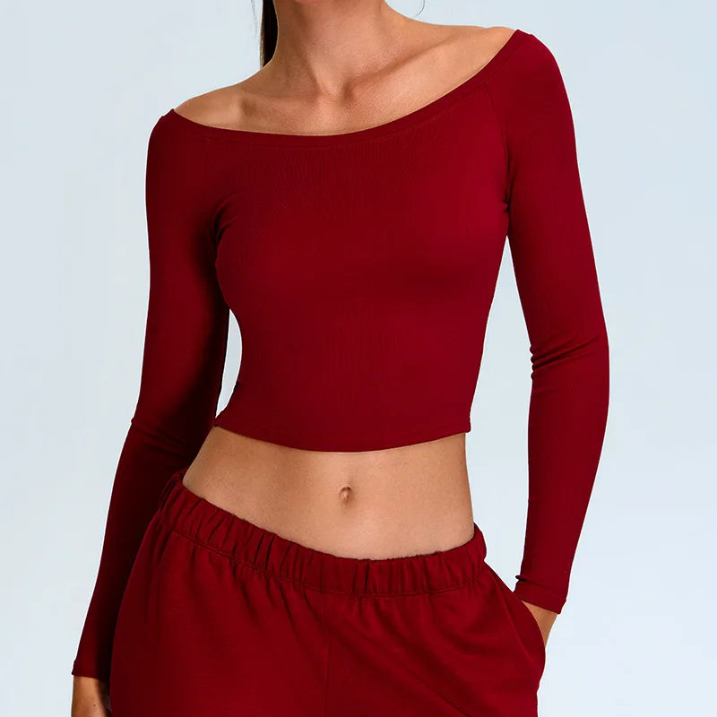 Off Shoulder Long Sleeve Yoga T-shirts Women Solid Sports Top Gym Workout Running Shirts Sexy Quick Dry Fitness Gym Sport Wear