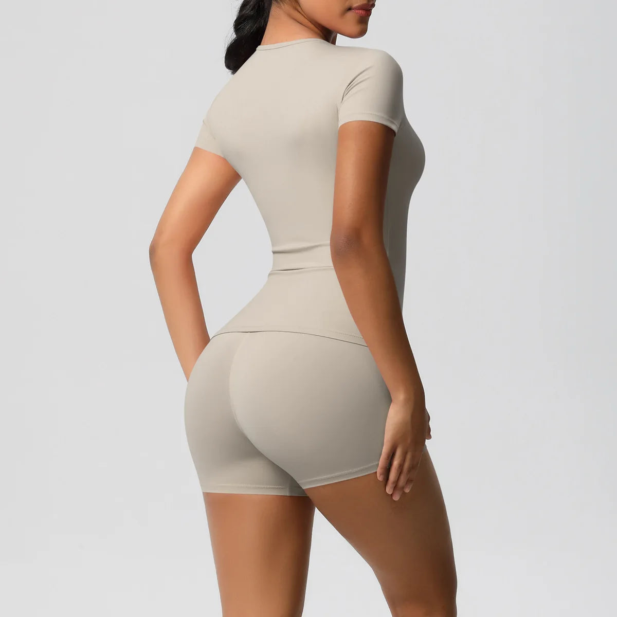 UREN 2PCS Gym Set Summer Short Sleeve Breathable Stretchy GYM Yoga Slim Fitness Active Top Women's Quick-Drying Cycling Short