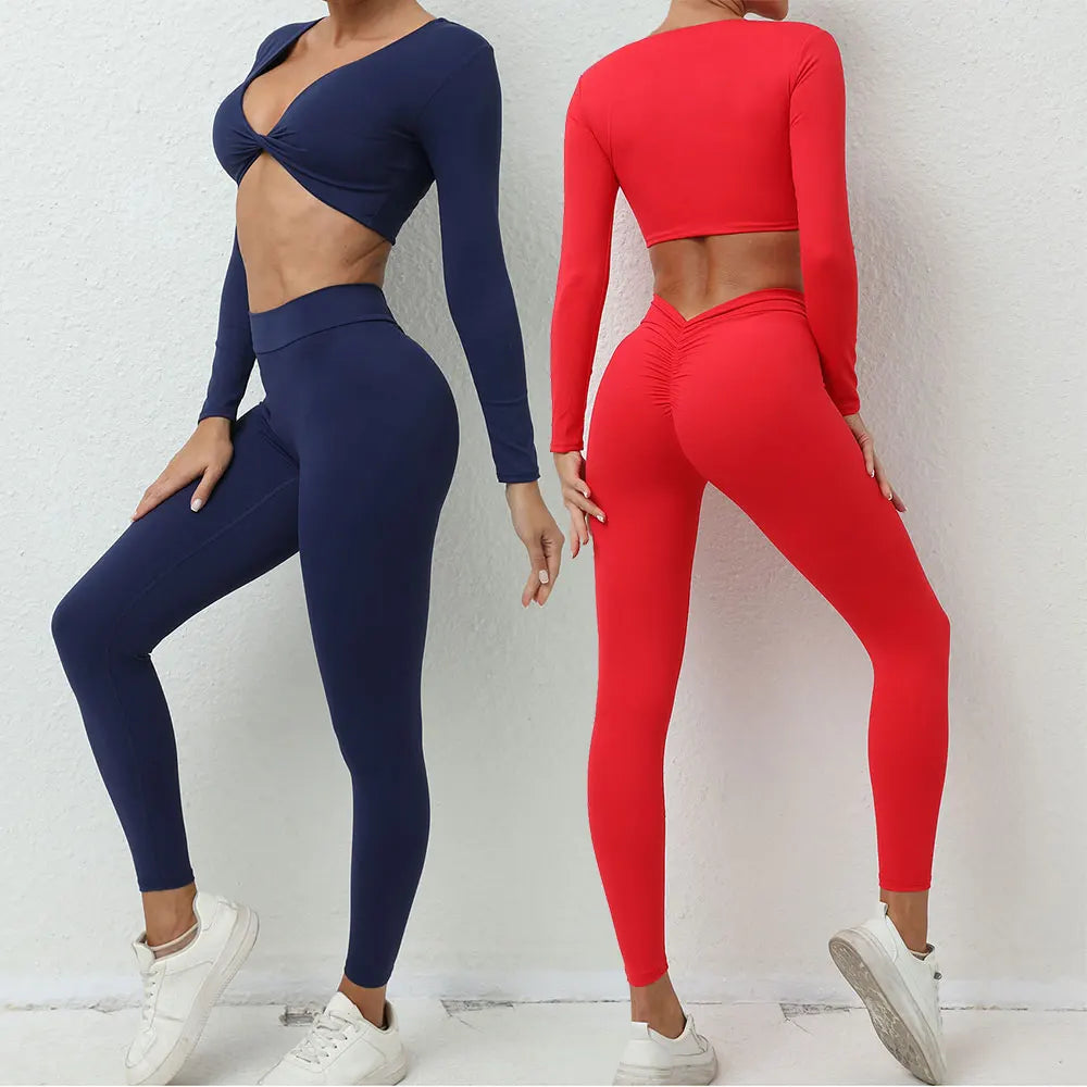 Yoga Set 2PCS Women Tracksuit Workout Set Sportswear Gym Clothes Fitness Long Sleeve High Waist Leggings Set Sports Suit