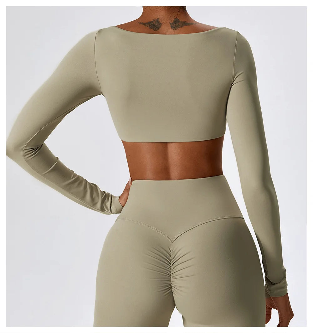Women Yoga T-shirts Crop Tops Solid Sports Top Long Sleeve Running Shirts Sexy Exposed Navel Quick Dry Fitness Gym Sport Wear