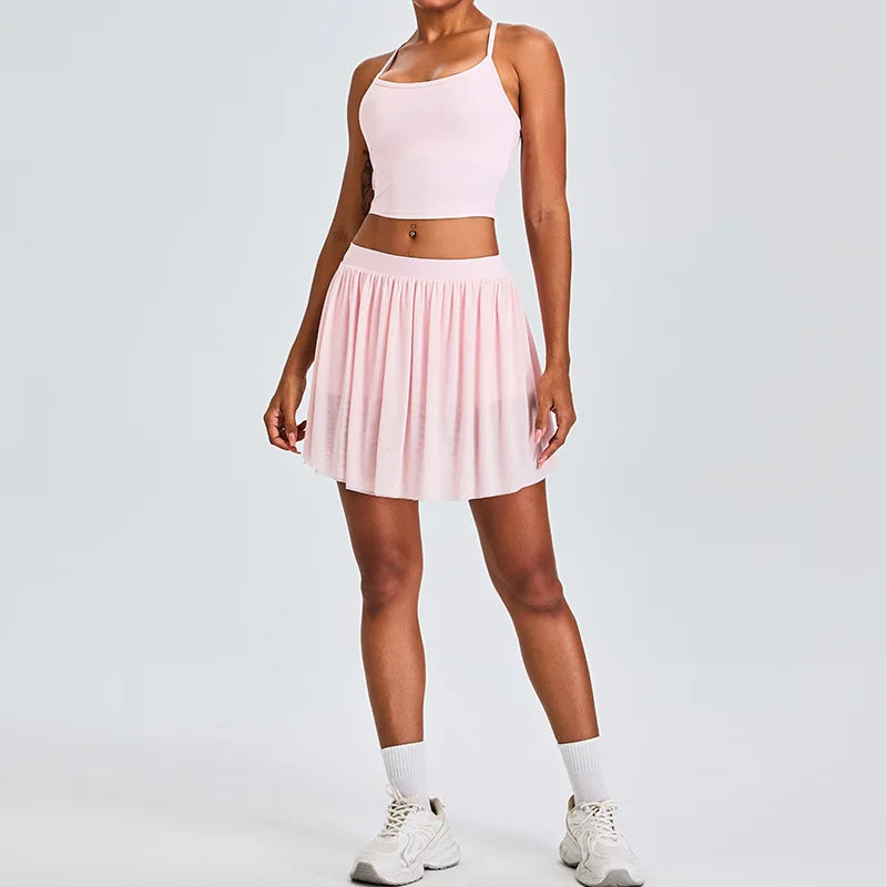 2 Piece Sportswear Leisure Sports Short Skirt Yoga Set Women's Belt Lined Mesh Pleated Tennis Skirt Running Push Up Fitness Suit