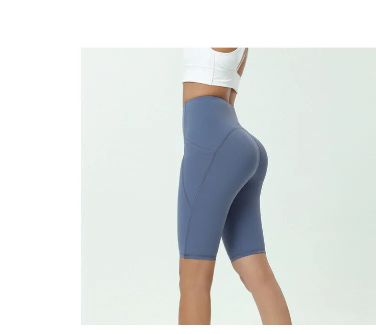 Comfortable Skin Friendly Summer High Waist Yoga Shorts Gym Hip Lift Pants Pocket Breathable Running Cycling Sports Shorts Women