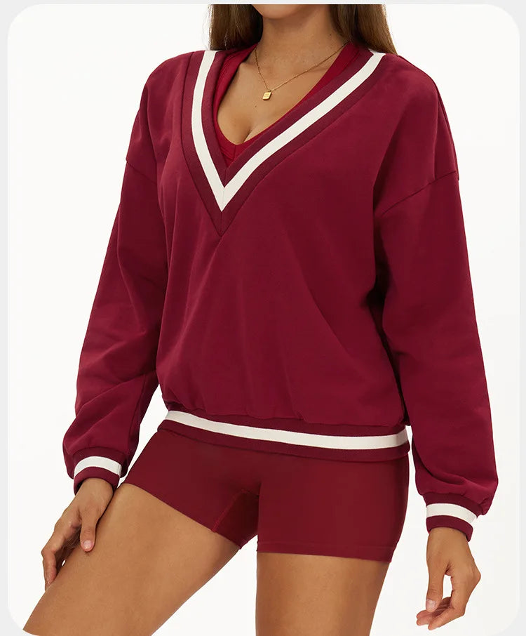 New Winter Women's Long Sleeved V-neck Sports Hoodie Women's Loose and Casual Long Sleeved Top Fashionable and Versatile Jacket