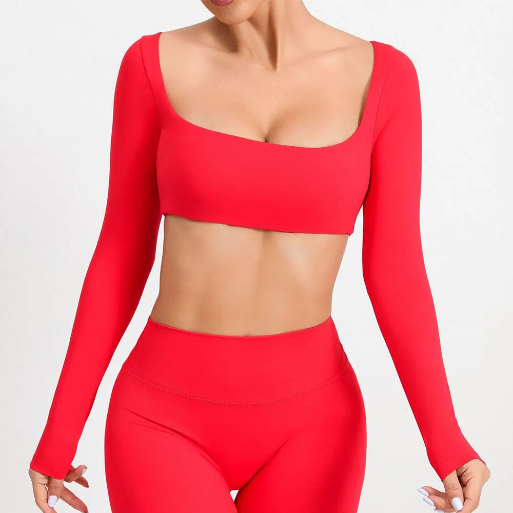 New Sport Shirt Women Clothes Sportswear Long Sleeve T-shirt for Fitness Yoga Wear Ladies Crop Top Gym Workout Top with Cups