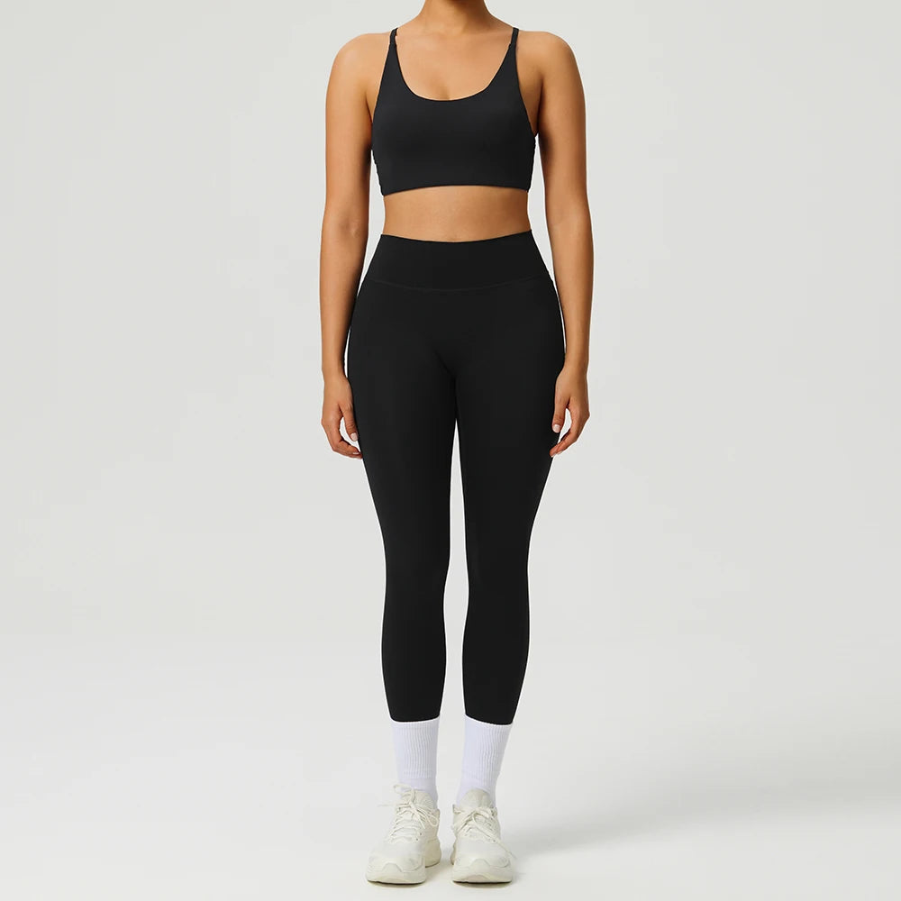 Yoga Clothes Set 2 Piece Gym Set Sportswear Women Cross Back Bra Top High Waist Leggings Fitness Suit Running Workout Tracksuit