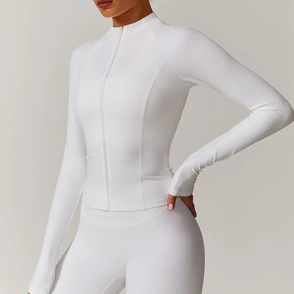 Ribbed Sports Long Sleeved Women Slim Yoga Clothes Quick Dry Zipper Cardigan Stand Up Collar Jacket Running Fitness Jacket Top