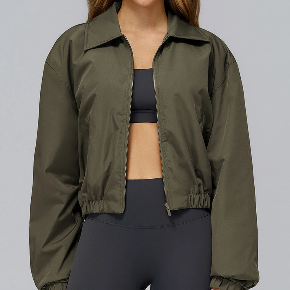 Winter Long Sleeved Loose Jacket Women's Zipper Yoga Long Sleeved Windproof Warm Sports Top Outdoor Hiking and Running Jacket