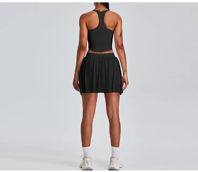 2 Piece Sportswear Leisure Sports Short Skirt Yoga Set Women's Belt Lined Mesh Pleated Tennis Skirt Running Push Up Fitness Suit