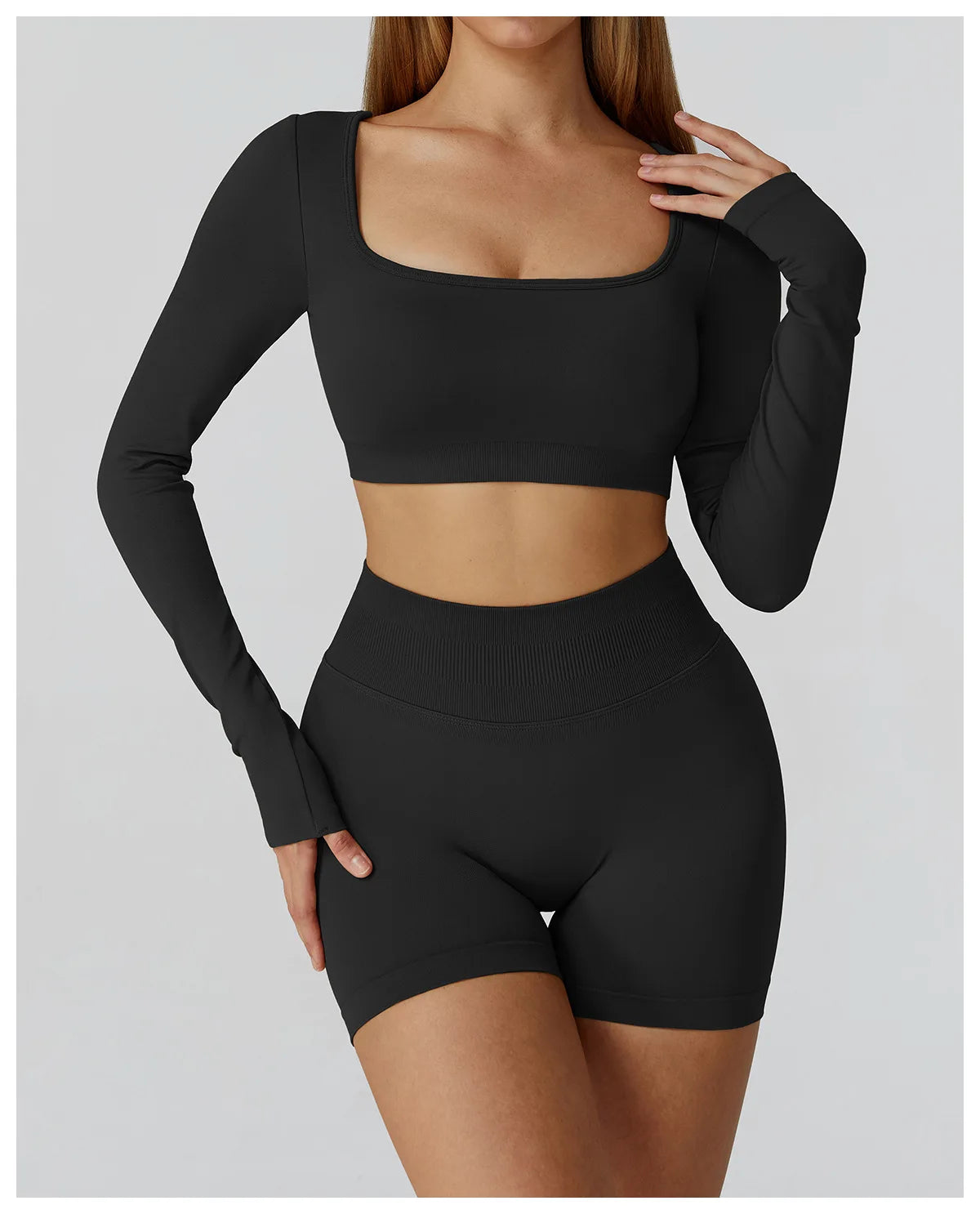 Seamless Casual Quick Dry Sportswear Women Square Neck Gym Top Women Fitness Sports Crop Top Female Long Sleeve Yoga Clothing